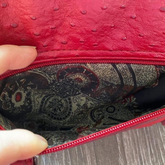 EUC Red Ostrich Embossed Shoulder Bag with Ornate Silver Hardware - Picture 7 of 13